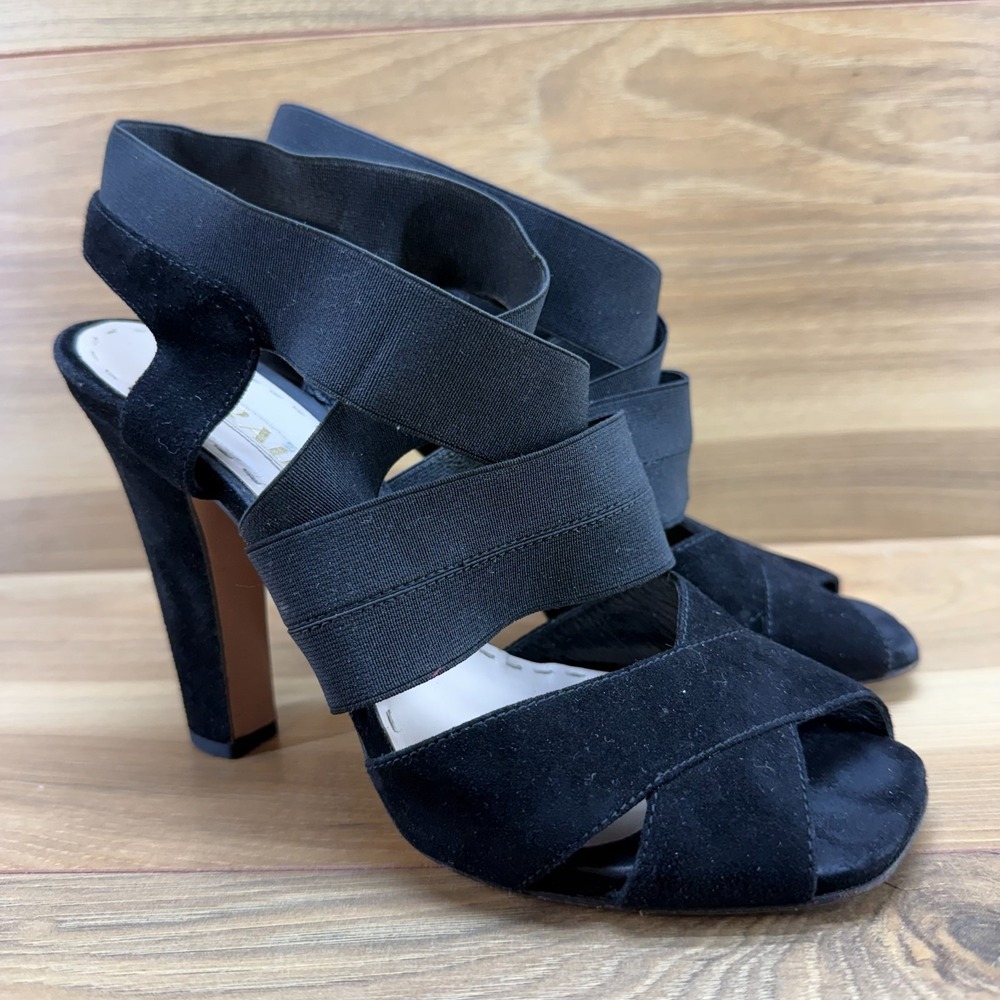 PRADA Strappy Heels Square Toe 7 EU 37 Black Suede Stretch Sandals - Picture 2 of 10